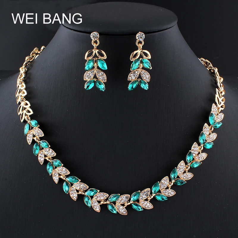 

WEIBANG 2017 Bridal Jewelry Sets Women Gold color Earrings Necklace Set Plant jewellery For Wedding Dress Green crystal gift