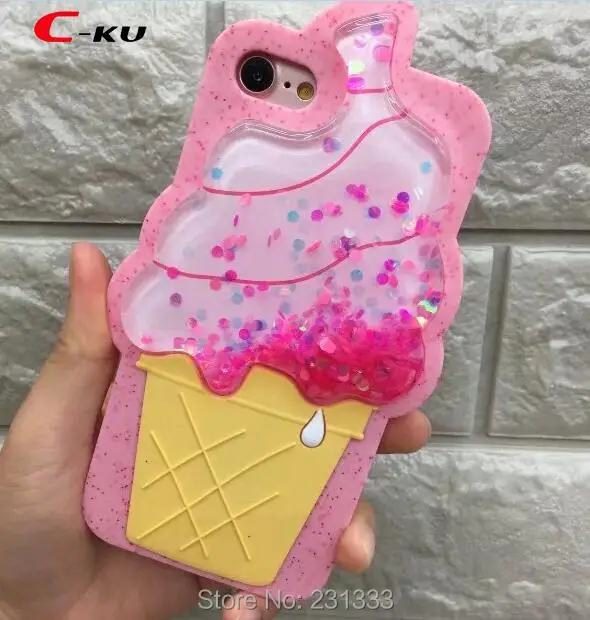 

C-ku 3D Ice Cream Liquid Quicksand Glitter Soft Silicone Case For Iphone 8 8th 7 Plus 7PLUS 6 6S Dynamic Cover Skin Luxury 50pcs