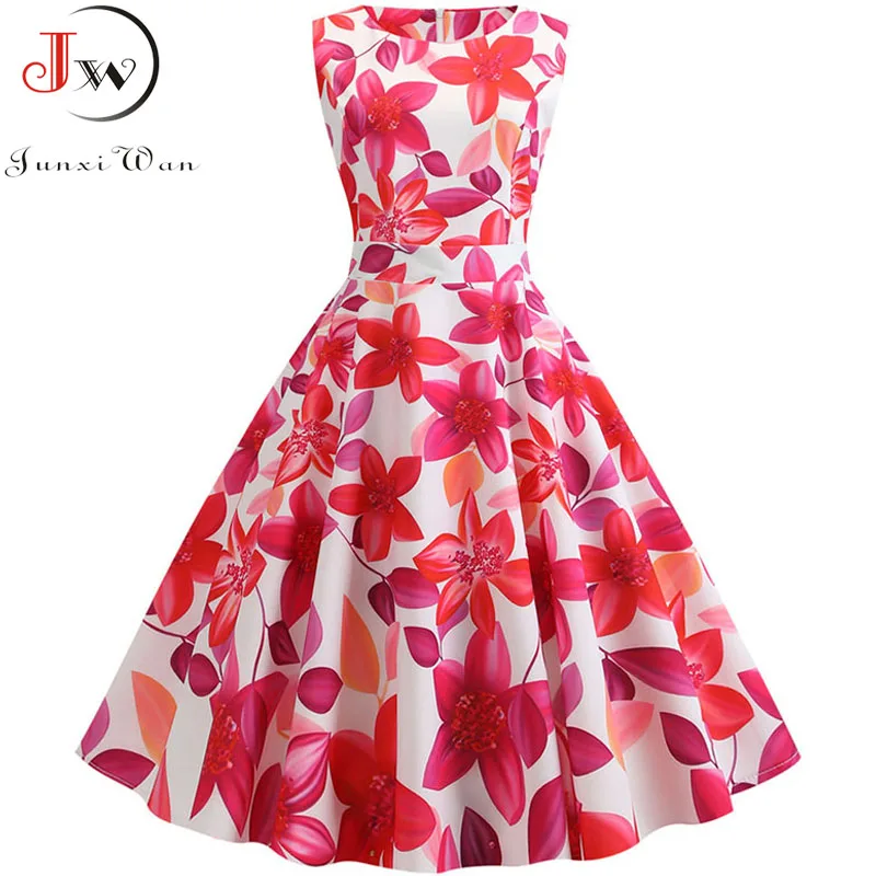 

Elegant Floral Print Summer Dress Women 2019 Retro Vintage 50s 60s Party Midi Dress Robe femme Rockabilly Dresses vestidos