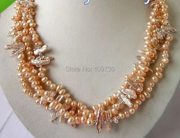 

Jewelry 002874 4Strand SHINY Pink Rice Biwa Pearl Necklace Sea Shell Flower Clasp