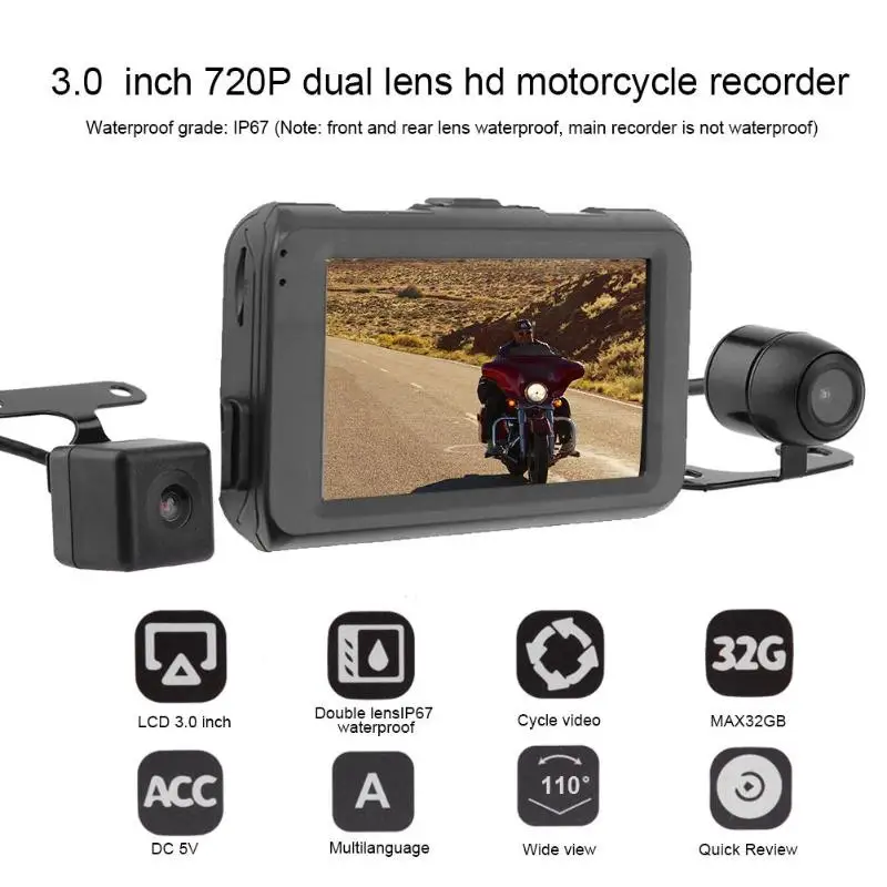 

VODOOL 3in Dual Lens Motorcycle DVR Camera Video Recorder 720P+480P Front+ Rear View G-sensor Motorcycle Dash Camera Accessories