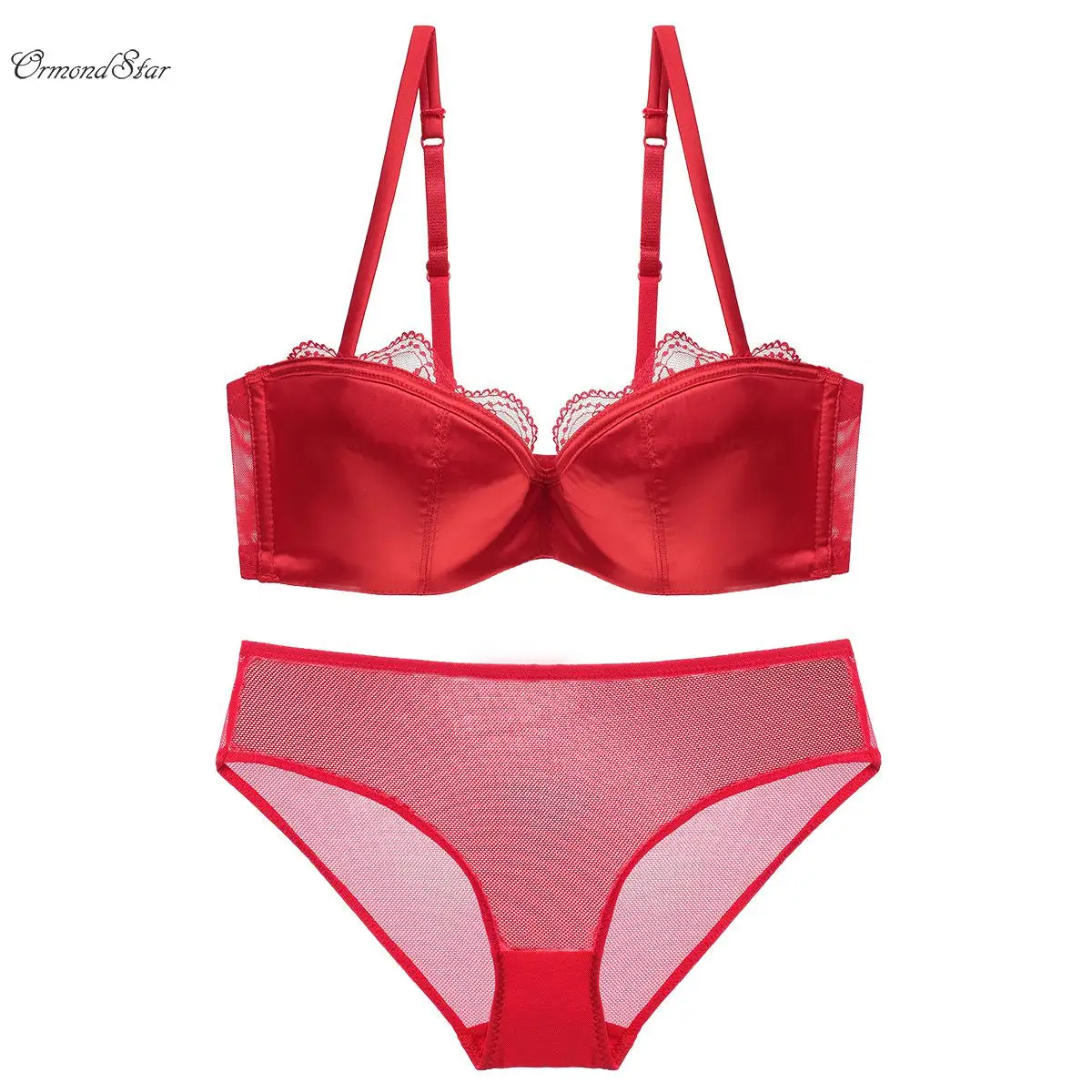 Ormondstar Satin Bra Set Thin Triangle Cups Solid Color Bra And Panty