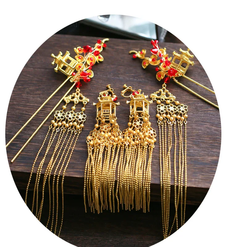 JaneVini китайская Роскошная золотая свадебная корона с серьги древние длинные кисточки шпильки Свадебная повязка невесты аксессуары для волос