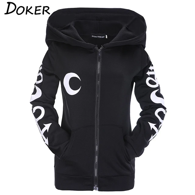 Women Hoodies Gothic Punk Moon Letter Print Sweatshirts 2020 Autumn Winter Long Sleeve Black Jacket Zipper