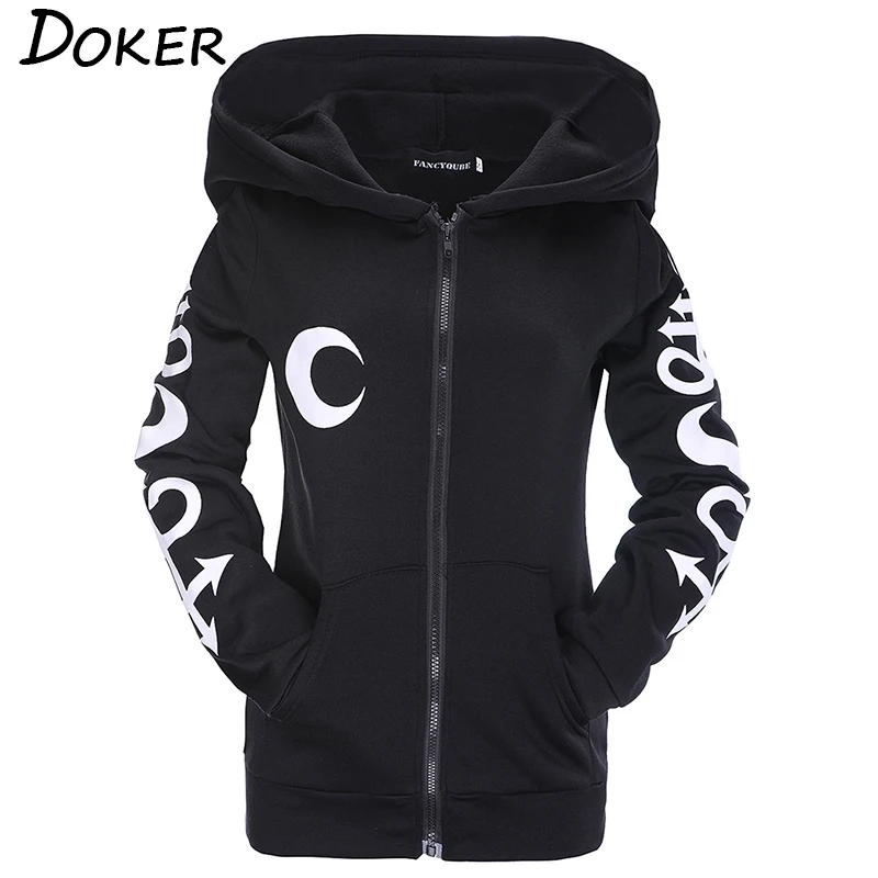  Women Hoodies Gothic Punk Moon Letter Print Sweatshirts 2018 Autumn Winter Long Sleeve Black Jacket