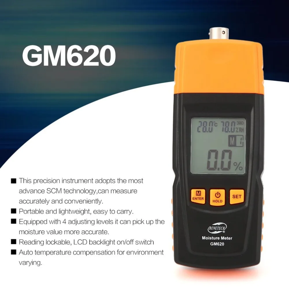 

Benetech GM620 Digital Wood Moisture Meter Hygrometer Humidity Tester Plywood Wooden Materials LCD Backlight Damp Detector