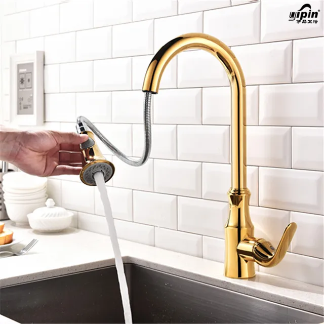 Cheap European-style Kitchen Faucet Brass Brushed Nickel High Arch Kitchen Sink Faucet Pull Out Rotation Spray Mixer Tap Lt0365