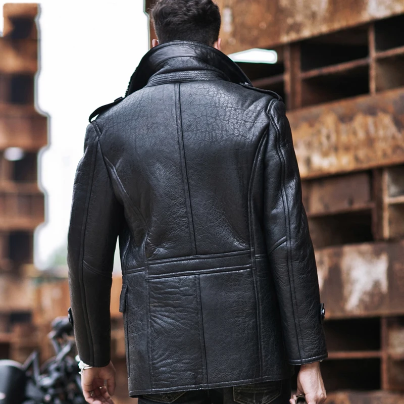 Мужская куртка Авиатор B3 из овчины, мотоциклетная куртка, повседневное пальто для путешествий, зимняя кожаная куртка, длинная Стильная черная