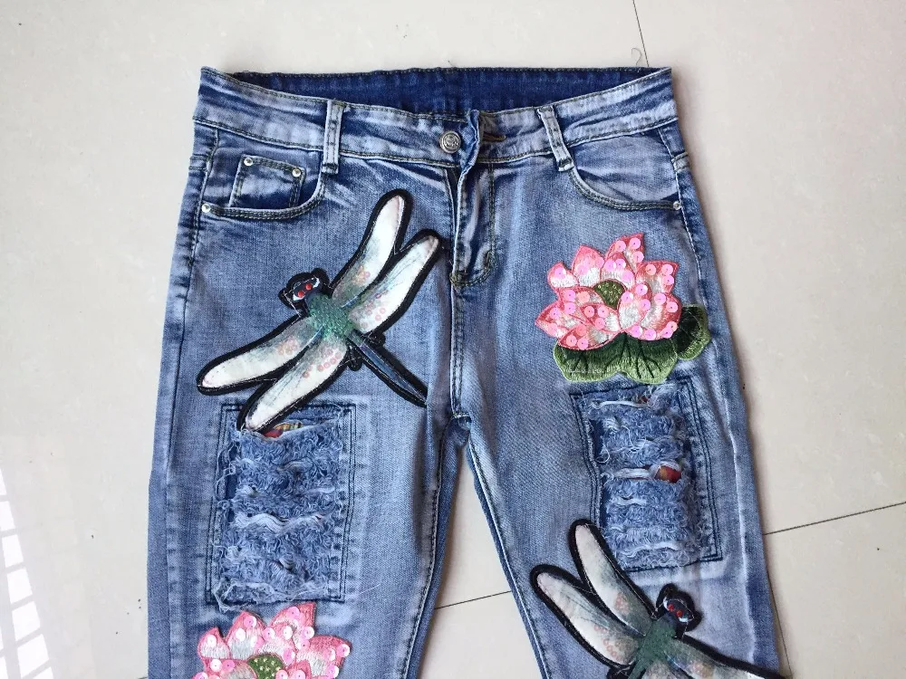 Весенне-осенние обтягивающие женские джинсы с вышивкой лотоса, блестками, стрекозой, дырками, узкие джинсовые штаны для женщин