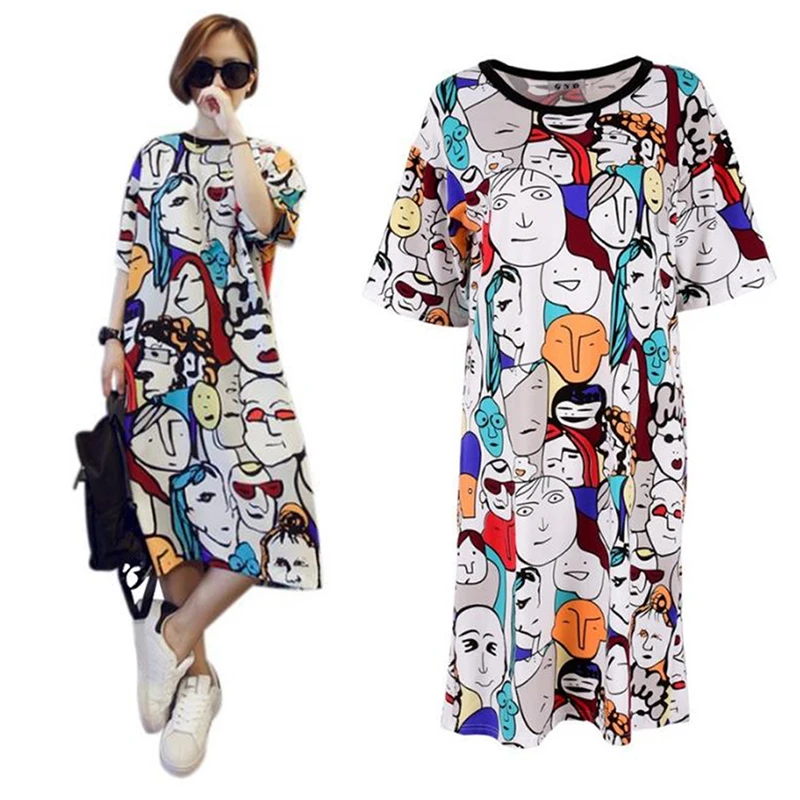 

Harajuku Funny Print Summer Loose Dress O Neck Short Sleeve Cartoon Women Sundress T Shirt Dresses Club Party Vestidos Robe