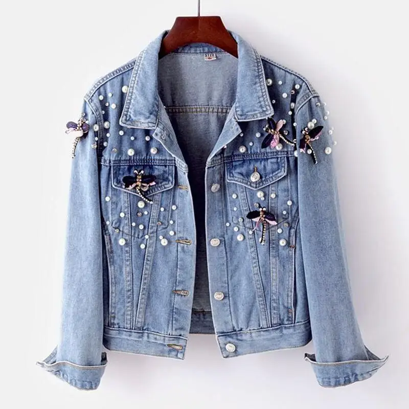 Womens Short Denim Jacket Beaded Pearl Jacket Loose Spring And