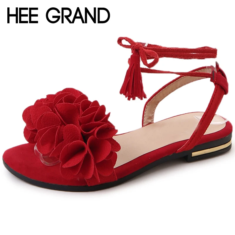 

HEE GRAND Flock Lace Up Summer Gladiator Sandals Platform Flats Casual Ruffles Soft Flat Shoes Woman 3 Colors Size 35-40 XWZ5204
