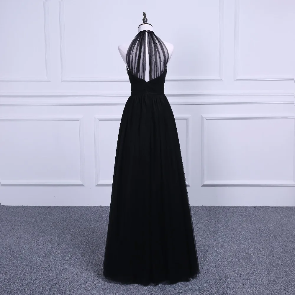 Best Robe De Soiree halter Sexy Black Pleat Tull Long Evening Dresses Bride Banquet Elegant Floor-length Party Prom Dress 16