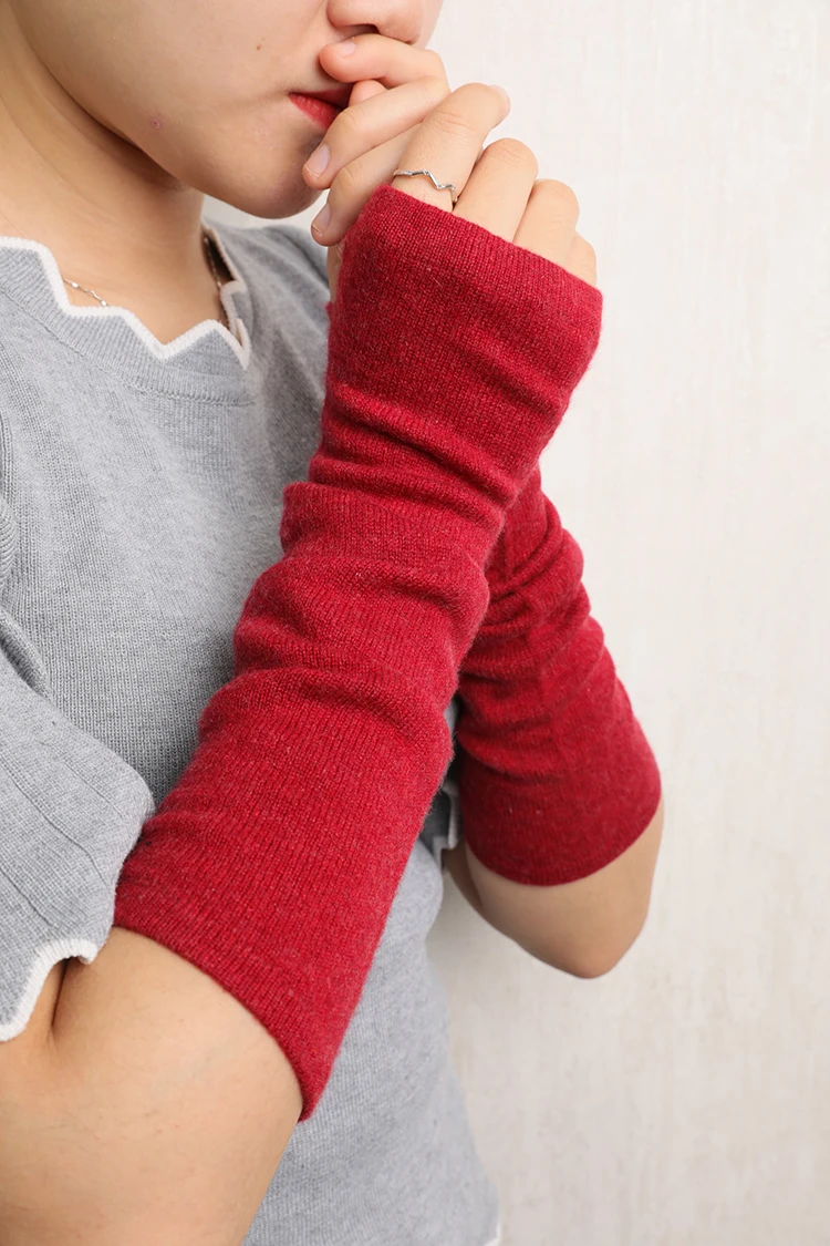 Женские рождественские кашемировые вязаные теплые длинные перчатки без пальцев, одноцветные модные теплые женские шерстяные рукавицы