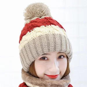 Best Winter Gift To Mother Girl Blue White Red Ladies Woolen Scarfs And Caps Sets Fashion Warm Wool Knitted Women Scarves Hats - Цвет: Khaki Cap