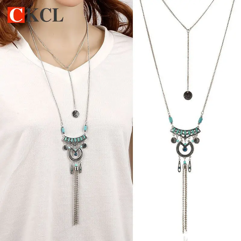 High Quality Bohemian Vintage font b Necklace b font Antique Silver Blue Turquoise Jewelry Long Tassel