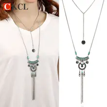 High Quality Bohemian Vintage Necklace Antique Silver Blue Turquoise Jewelry Long Tassel Necklace &Pendants For Women