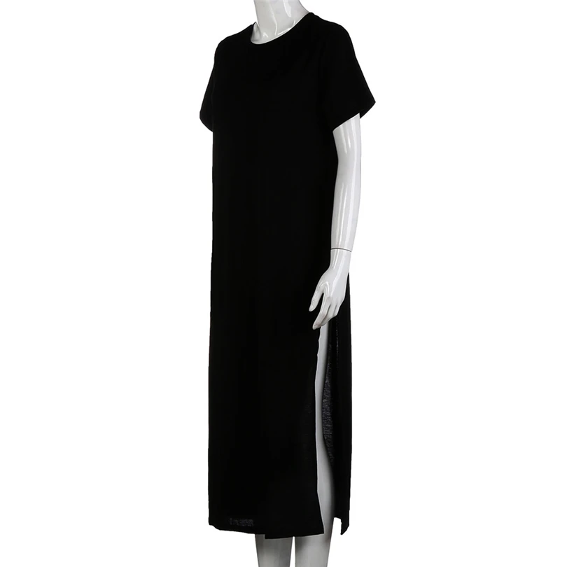  Women Summer Sexy Side High Slit Black Short Sleeves Dress Daily Ladies Dress Casual Fashion Long Beach Dress #4M15 (2)