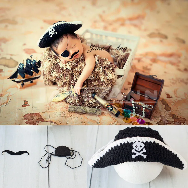Джейн Z Ann новорожденных реквизит для фото одежда ручной вязки Карибский пиратский Кепка+ борода+ маска для глаз костюм