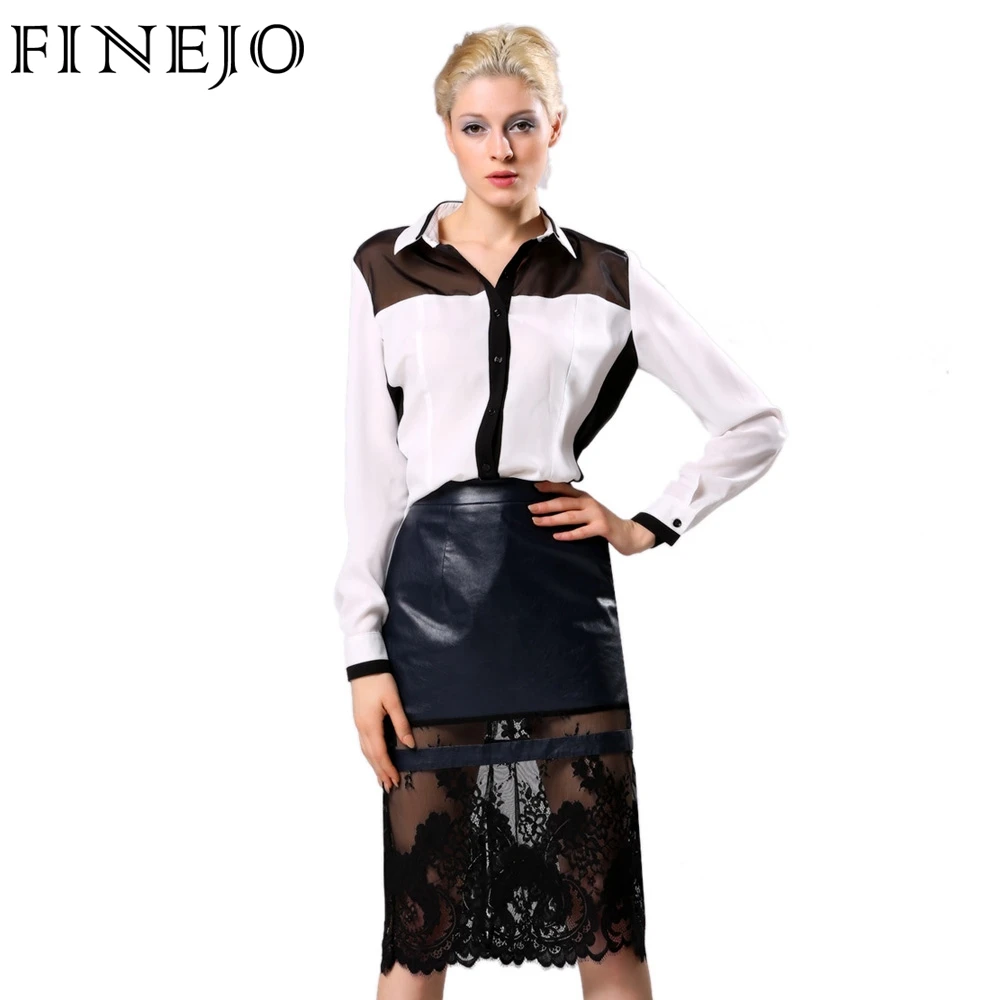 Finejo 2017 Демисезонный Юбки для женщин Для женщин S Faldas юбка из искусственной кожи Кружево лоскутное черный юбка миди Для женщин сексуальные