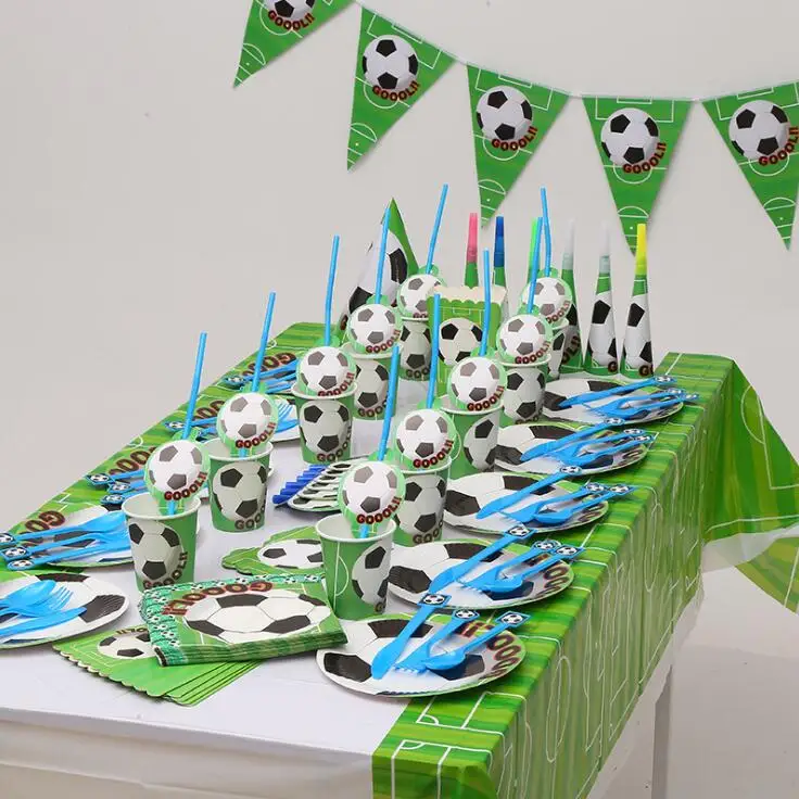 

Football theme Party Disposable Tableware paper Plates cup Napkin flag straw Kids favor Drawstring bag Baby birthday Party Decor