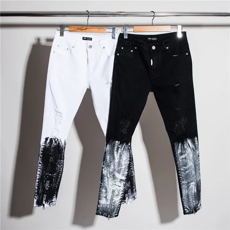 HIPFANDI рваные лоскутные джинсы с застежкой-молнией для Для мужчин Skinny Distressed Тонкий известный Брендовая Дизайнерская обувь Байкер хипхоп плотно сидящие, белые черные джинсы