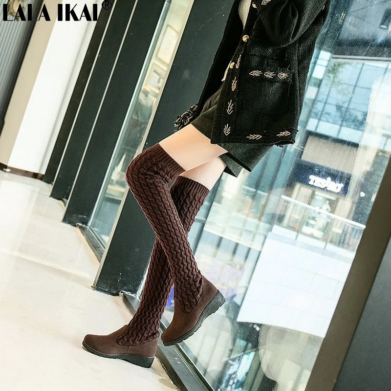 

LALA IKAI Women Autumn Winter Boots Round Toe Flat With Slip-on Fashion Knitting Shoes Ladies Over-the-Knee Boot XWA2958-45