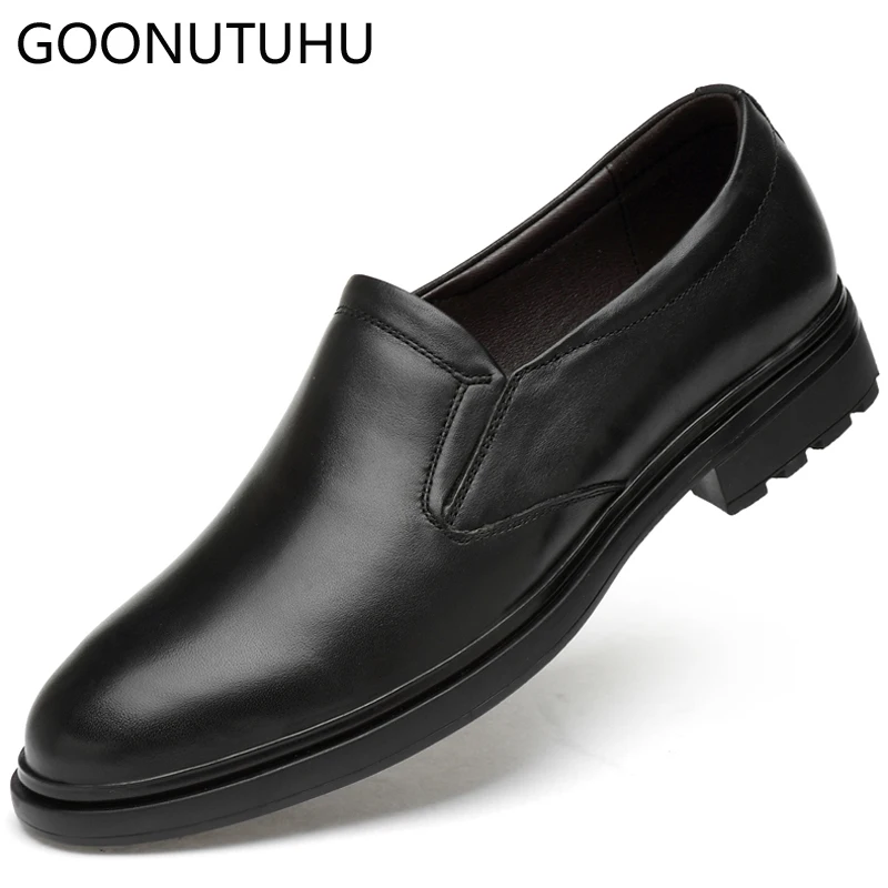 

2019 new men's dress shoes genuine leather cow classic black slip on shoe man business office wedding party formal shoes for men