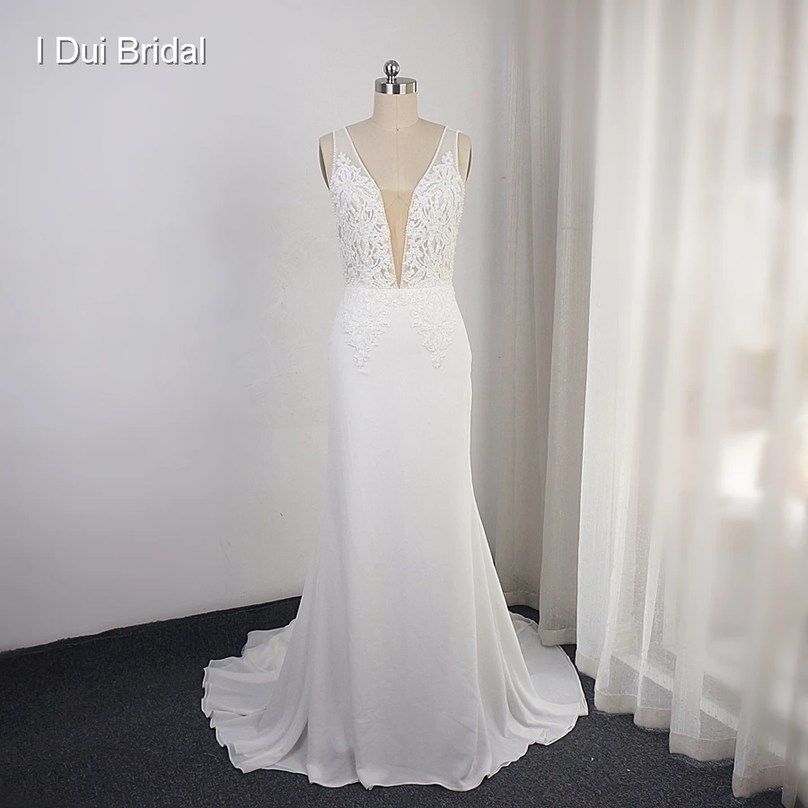 US $215.00 Deep V Neckline Wedding Dress Sheath Chiffon Lace Elegant Bridal Gown