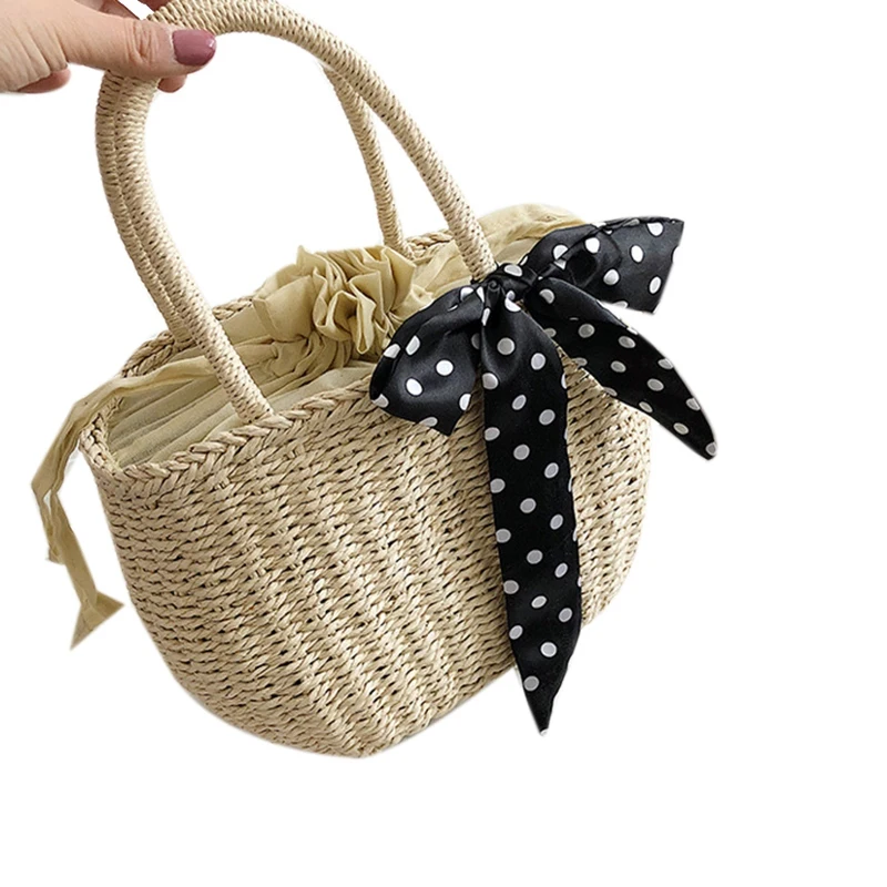 

ABDB-Women Straw Bag Retro Casual Summer Beach Hand-Woven Handbags Handle Tote Rattan Bag
