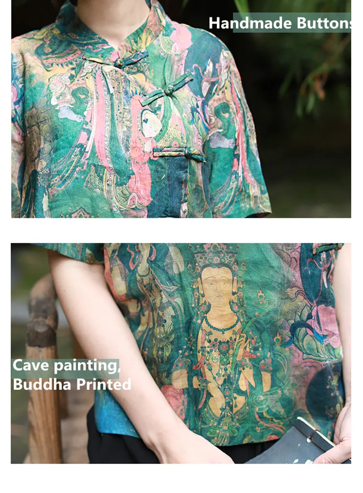 LZJN Summer Blouses Women 2019 Short Sleeve Chinese Style Women Shirts Short Buddha Printed Cheongsam Zen Tops (11)