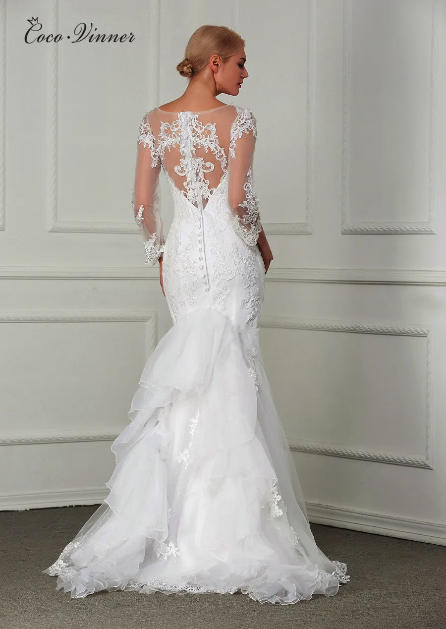 

Vestido De Noiva 2019 Long Sleeve Sheer neck Custom Made Pearls Beading Embroidery Lace Fashion Mermaid Wedding Dress W0004