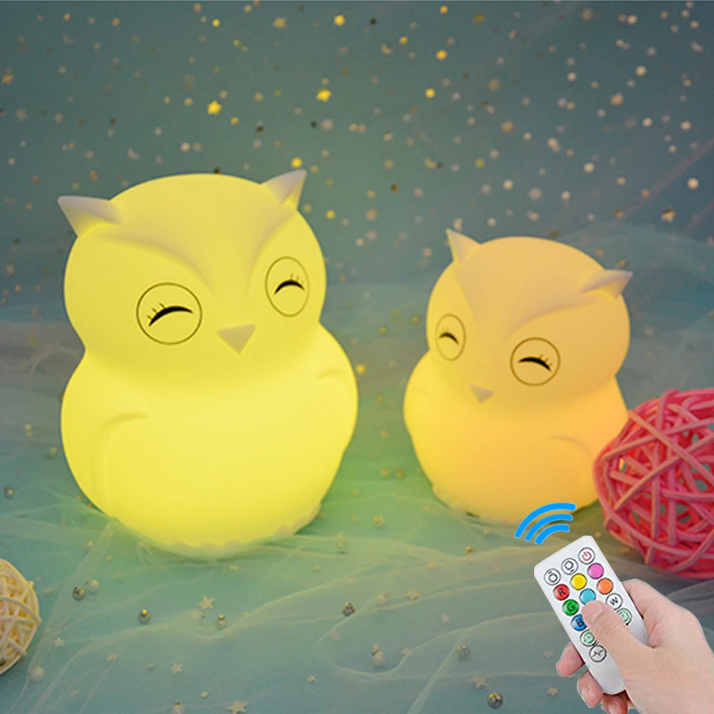 Cartoon Owl LED Night Light Remote Control Timer Touch Sensor 9 Colors USB Charging Silicone Bedside Lamp for Children Baby Gift (5)