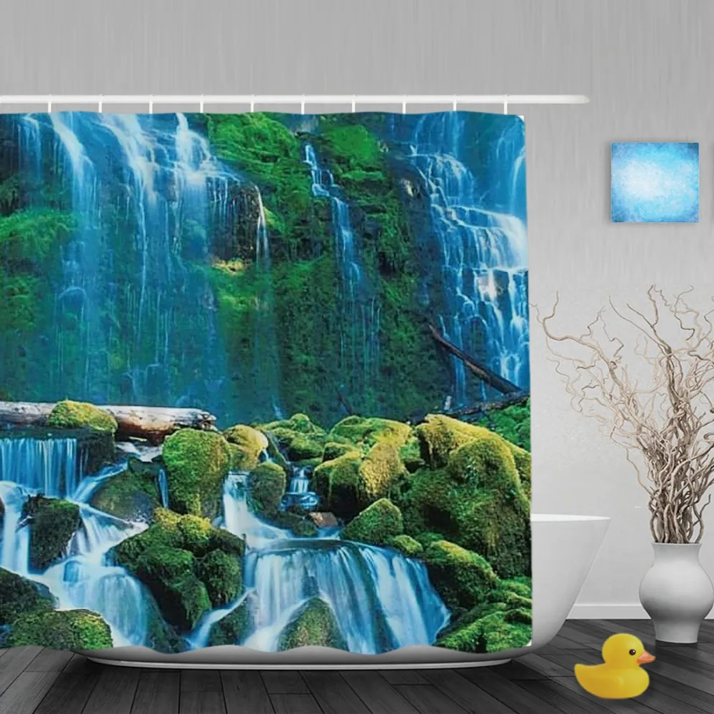 Natural Waterfall Scene Decor Shower Curtain Mountain Tree Bathroom