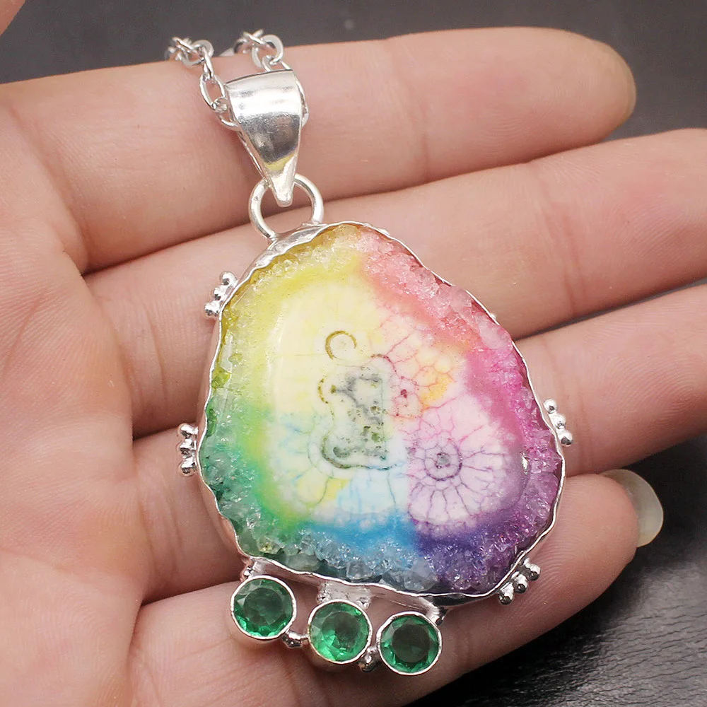 Natural Solar Quartz Green Topaz925 Sterling Silver Pendant Necklace 
