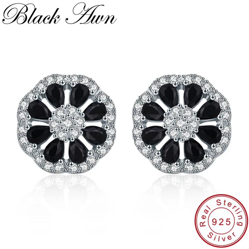 [Черный ость] Классический 925 пробы серебро Живой Цветок Круглый Свадебные серьги стержня для Для женщин Fine Jewelry T195