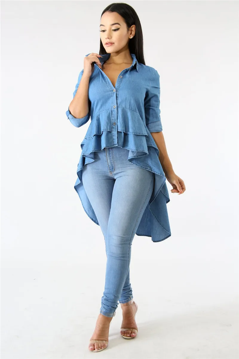 Achat Mode Layered Ruffles Denim Chemise 2018 Automne Nouvelle Arrivée de Femmes À Manches Longues Slim Fit Irrégulière Longue Chemise Plus La Taille S ~ 2XL
