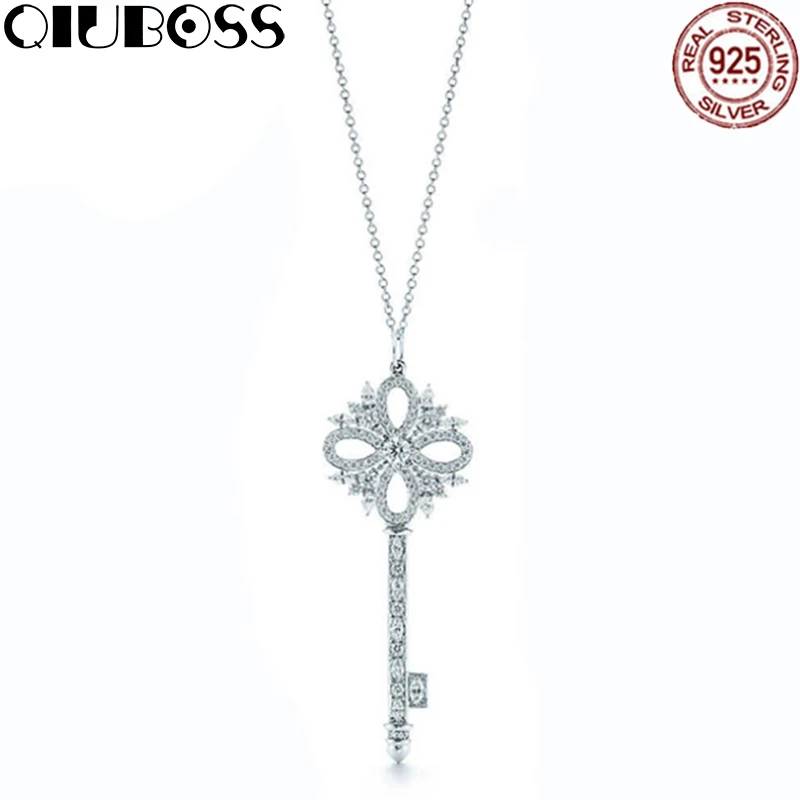 

QIUBOSS TIFF 925 Sterling Silver New Stylish Temperament Hollow Elegant Key Necklace Lady Charm Key Clavicle Chain