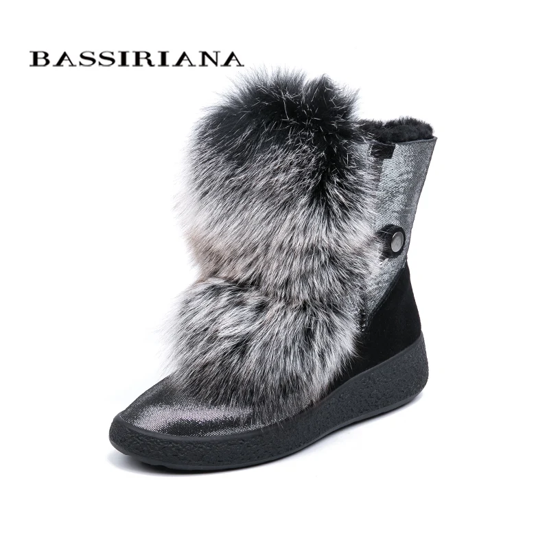 BASSIRIANA new winter gray and black natural fur warm snow boots women's boots round head 35-40 size - Цвет: black