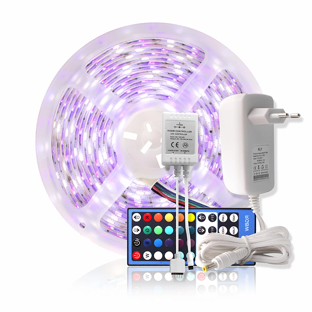 

5050 RGBWW RGBW LED Strip Waterproof 12V 5M Tira LED Tape Kit Strip Lights Flexible Neon Ribbon + 40Key Controller Power Adapter