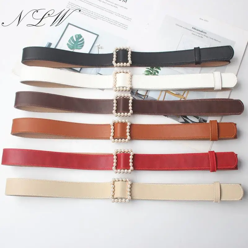 

NLW Pearl Belt for Women Solid Off White Waist Belt For Dress 2019 Fashion Simple Buckle Belt Black Female Belt for Decoration