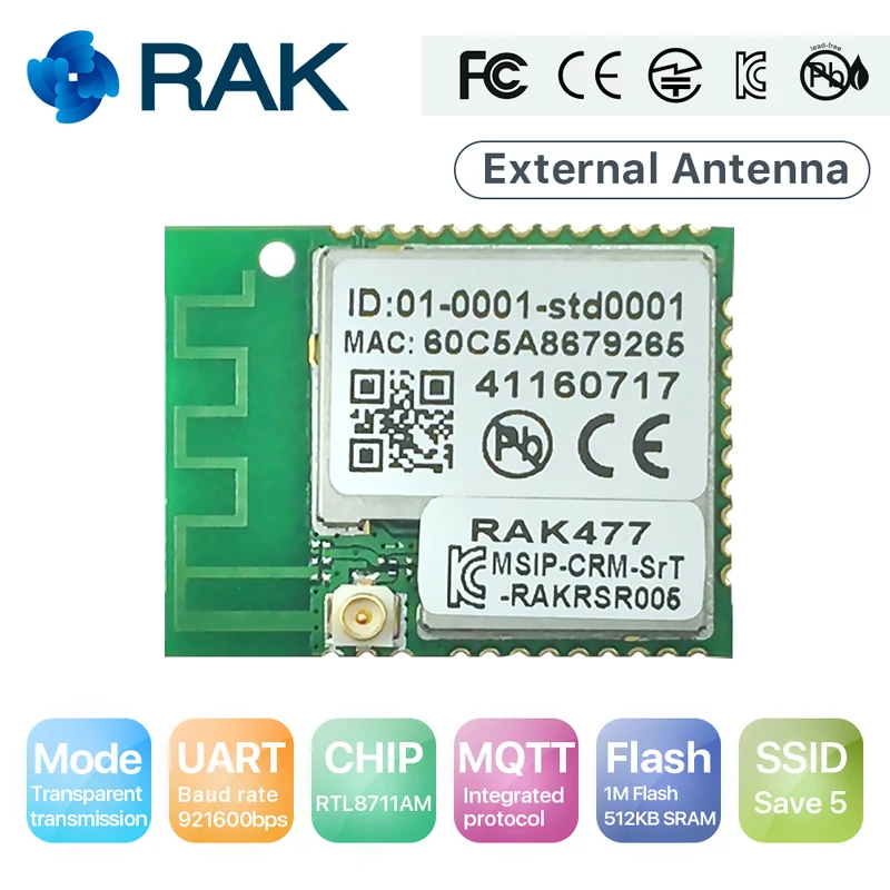 

Wireless IoT Module RAK477 Low Power Tiny Size UART Serial to WIFI Industrial Module Tcp Ip MQTT RTL8711AM Chip, 5 SSID Q111