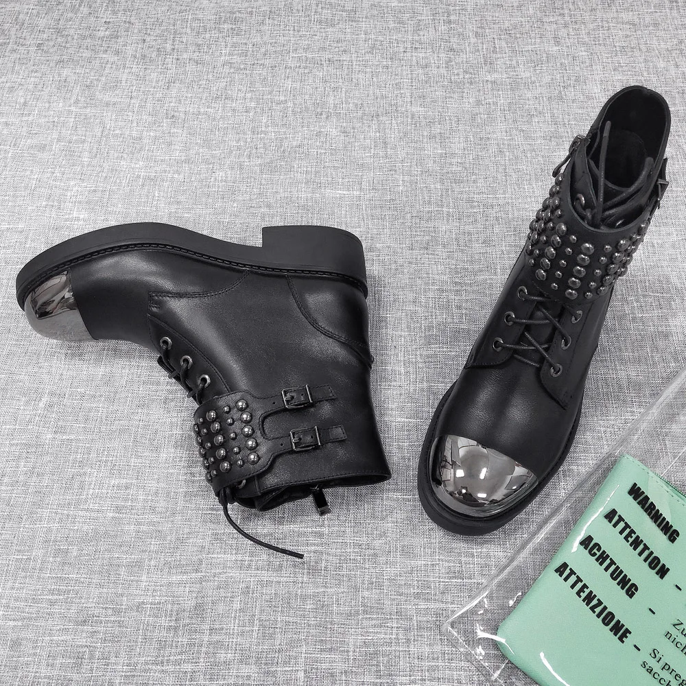 Donna-in/Ботинки Martin в стиле панк женские ботильоны из натуральной кожи модные черные женские ботинки на квадратном каблуке, с круглым носком, на шнуровке, с металлическим украшением