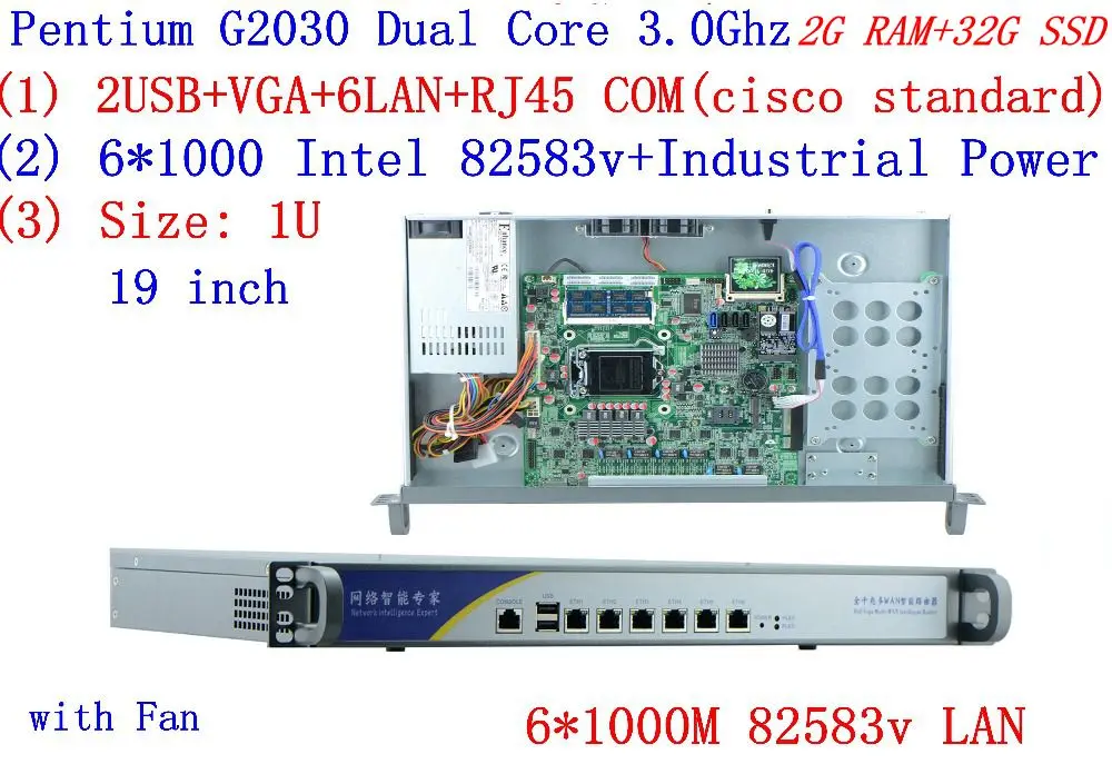 1U сервер брандмауэр 2G Оперативная память 32G SSD с 6*1000 м 82583 в Gigabit Intel Pentium G2030 3,0 ГГц Поддержка ROS Mikrotik PFSense Panabit