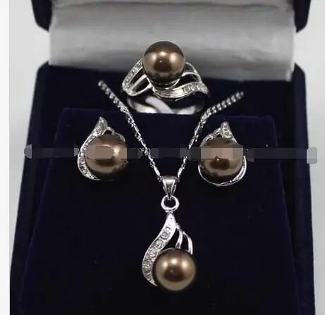 

Wholesale price 16new ^^^^Fashion Jewelry Chocolate Shell Pearl Earrings Ring & Pendant Necklace Set