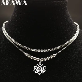 

2020 Fashion Yoga Lotus Stainless Steel Statement Necklace for Women Silver Color Double Layer Necklace Jewellery collares N1867