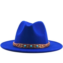 Женская и Мужская шерстяная шляпа Fedora с кожаная лента джентльмен элегантный Леди Зима Осень широкий джазования с полями церкви Панама сомбреро