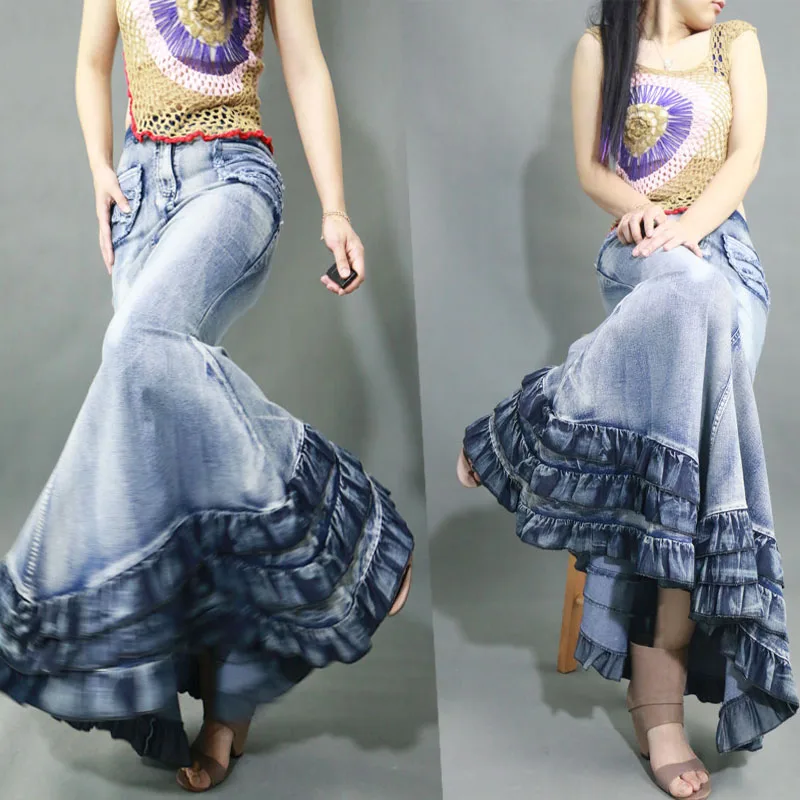 Женская длинная джинсовая юбка Memaid, винтажная джинсовая юбка с открытым хвостом, одежда с оборками
