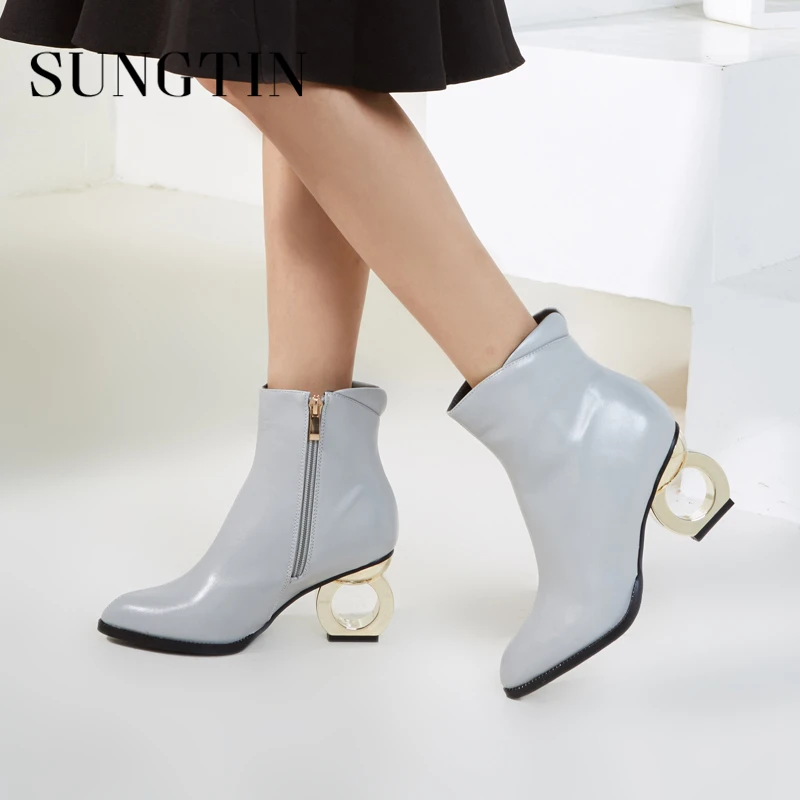 Dedo Botas La Pie Del Botines amarillo Cuero Mujeres Pu Otoño Las 47 Acentuado Negro Moda El Cortas Alto Tamaño De Sungtin gris Talón Más vOq5x