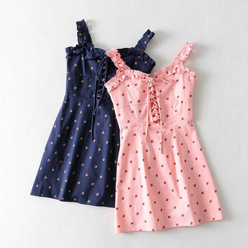 

QZ1934 Summer Fashion Sweet Ruffled Straped Lacing-Up Strawberry Print Dress Ladies Cute Slim Sleeveless Dresses Vestidos